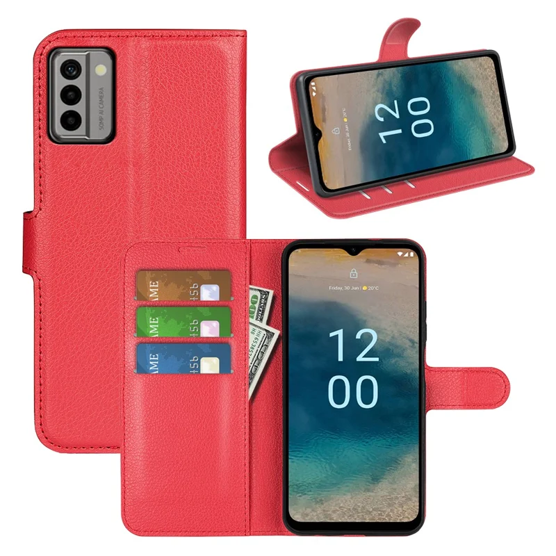 PU Leather Shell for Nokia G22 Anti-scratch Litchi Texture Phone Case Wallet Stand Flip Cover - Red