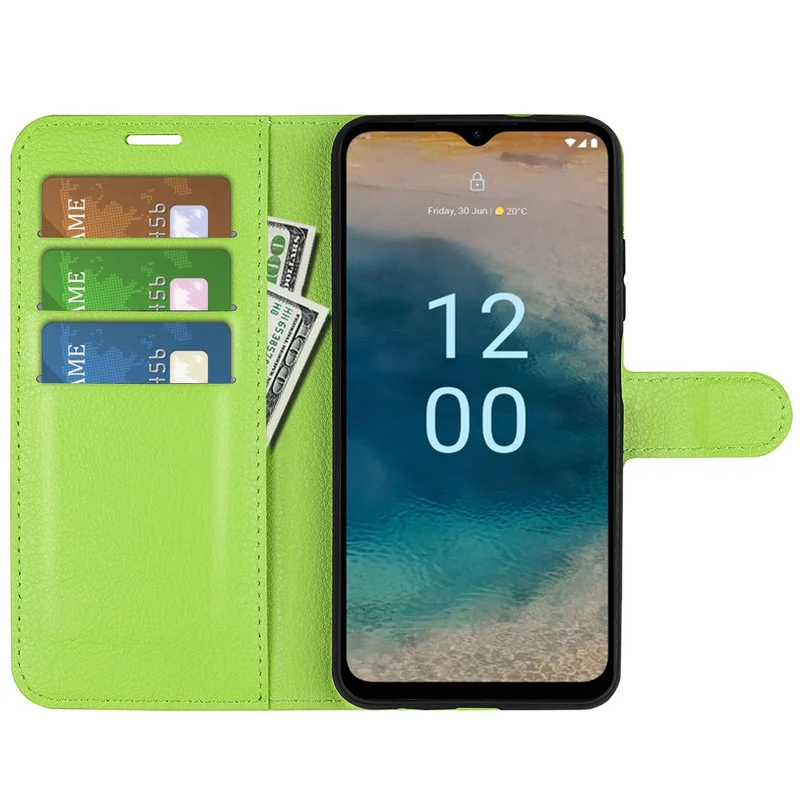 PU Leather Shell for Nokia G22 Anti-scratch Litchi Texture Phone Case Wallet Stand Flip Cover - Green