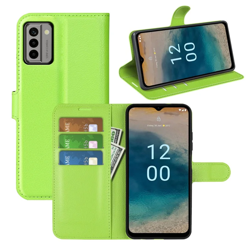 PU Leather Shell for Nokia G22 Anti-scratch Litchi Texture Phone Case Wallet Stand Flip Cover - Green
