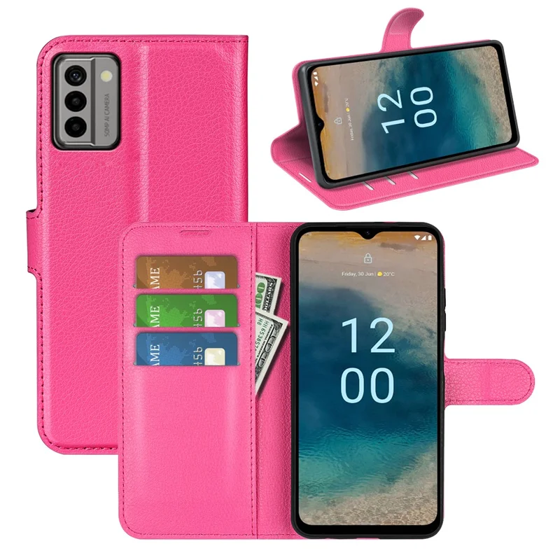 PU Leather Shell for Nokia G22 Anti-scratch Litchi Texture Phone Case Wallet Stand Flip Cover - Rose