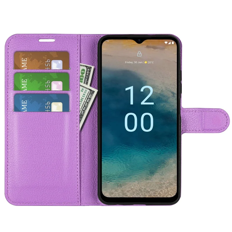 PU Leather Shell for Nokia G22 Anti-scratch Litchi Texture Phone Case Wallet Stand Flip Cover - Purple