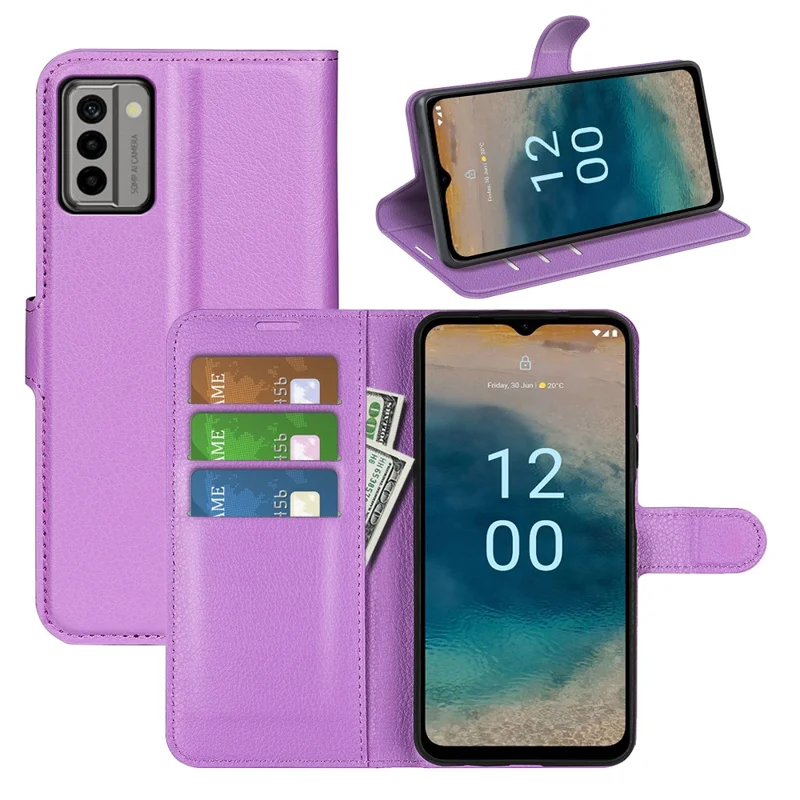 PU Leather Shell for Nokia G22 Anti-scratch Litchi Texture Phone Case Wallet Stand Flip Cover - Purple