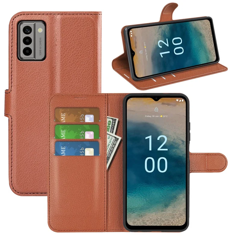 PU Leather Shell for Nokia G22 Anti-scratch Litchi Texture Phone Case Wallet Stand Flip Cover - Brown