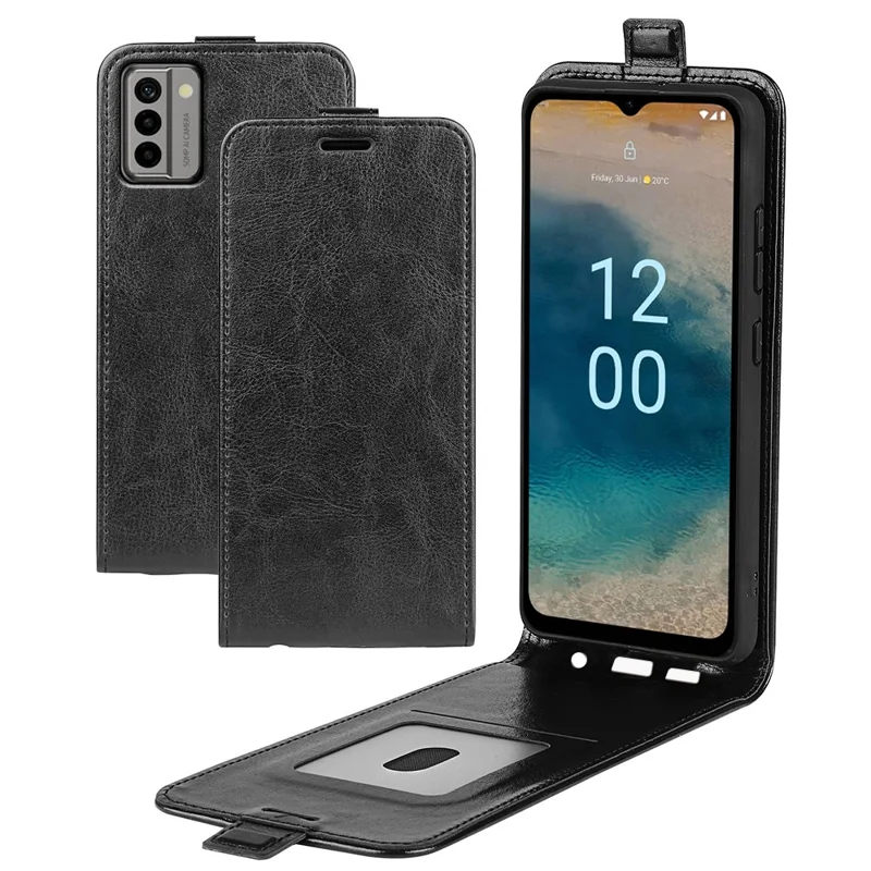 For Nokia G22 Card Holder Vertical Flip Phone Case Crazy Horse Texture Shockproof PU Leather Cover - Black