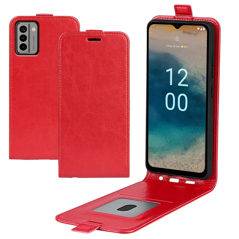 For Nokia G22 Card Holder Vertical Flip Phone Case Crazy Horse Texture Shockproof PU Leather Cover - Red