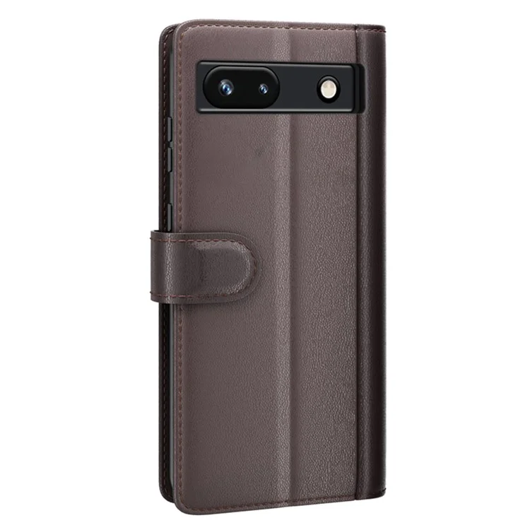 For Google Pixel 7a Genuine Cow Leather Shockproof Phone Case Folding Stand Wallet Protective Cover - Brown