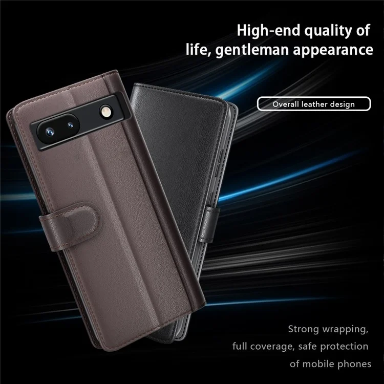 For Google Pixel 7a Genuine Cow Leather Shockproof Phone Case Folding Stand Wallet Protective Cover - Brown