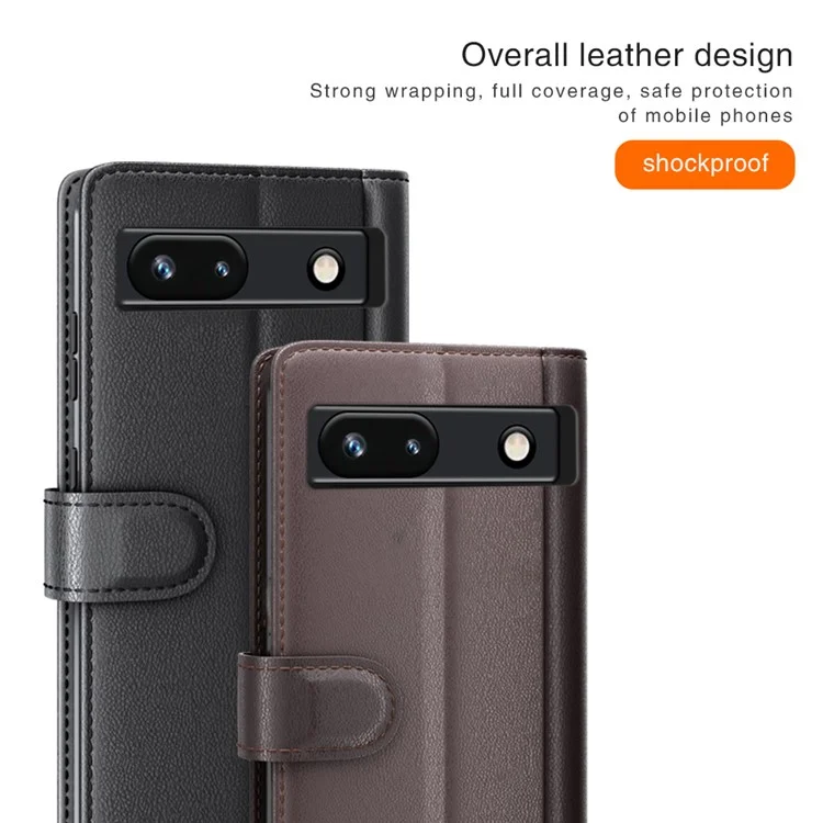 For Google Pixel 7a Genuine Cow Leather Shockproof Phone Case Folding Stand Wallet Protective Cover - Brown