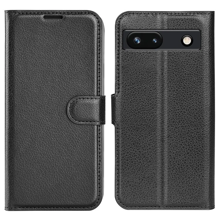 PU Leather Shell for Google Pixel 7a Drop-proof Litchi Texture Phone Case Wallet Stand Flip Cover - Black