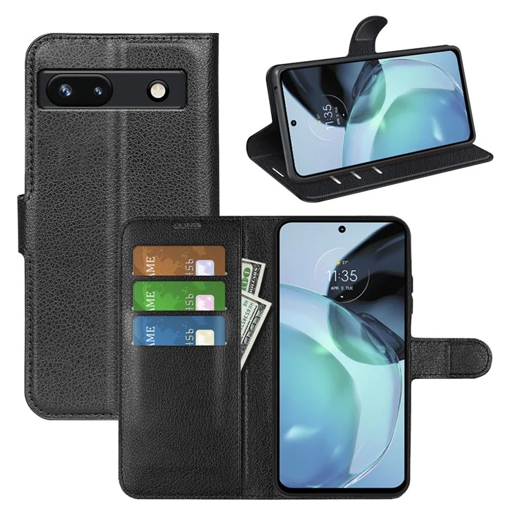 PU Leather Shell for Google Pixel 7a Drop-proof Litchi Texture Phone Case Wallet Stand Flip Cover - Black