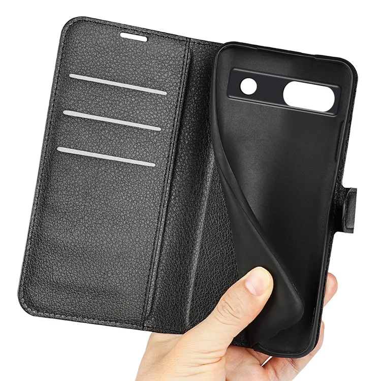 PU Leather Shell for Google Pixel 7a Drop-proof Litchi Texture Phone Case Wallet Stand Flip Cover - Black