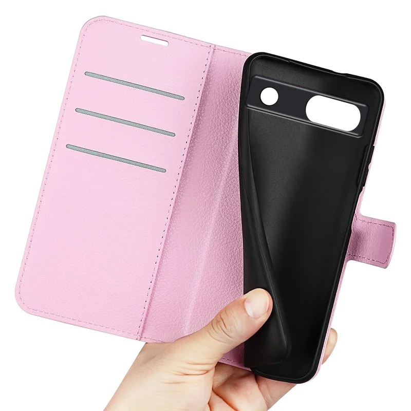 PU Leather Shell for Google Pixel 7a Drop-proof Litchi Texture Phone Case Wallet Stand Flip Cover - Pink
