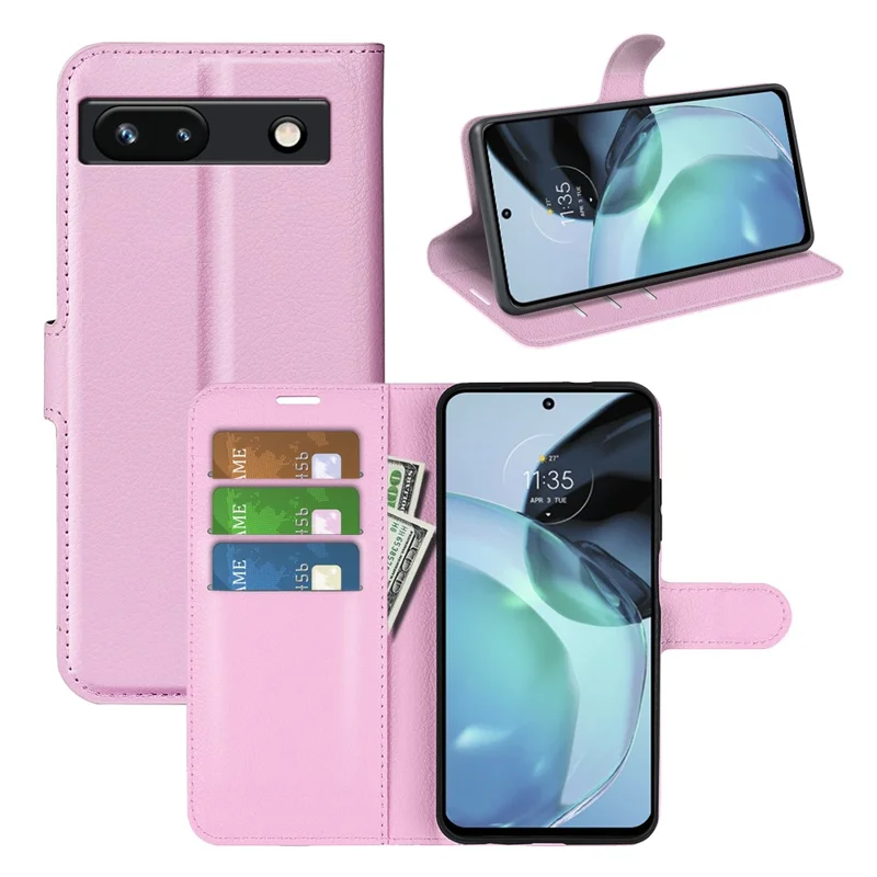 PU Leather Shell for Google Pixel 7a Drop-proof Litchi Texture Phone Case Wallet Stand Flip Cover - Pink