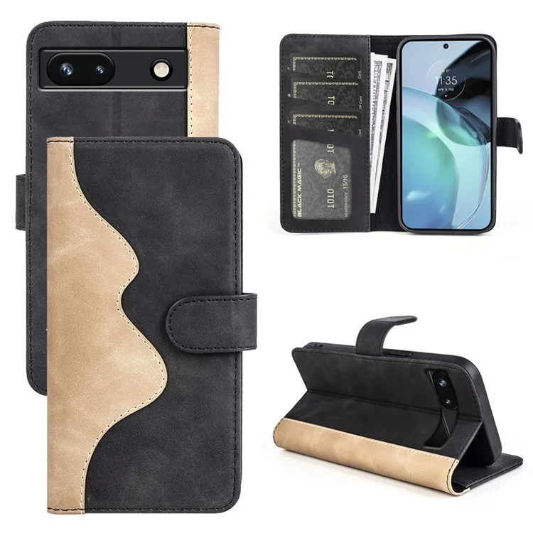 For Google Pixel 7a Leather Wallet Shockproof Phone Cover Dual Color Splicing Flip Stand Case - Black
