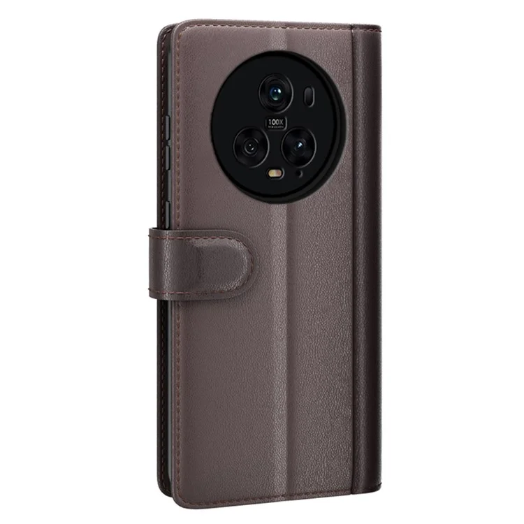 For Honor Magic5 Pro Genuine Cow Leather Phone Wallet Case Flip Stand Shockproof Cover - Brown