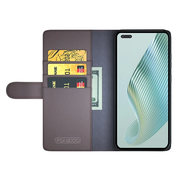 For Honor Magic5 Pro Genuine Cow Leather Phone Wallet Case Flip Stand Shockproof Cover - Brown