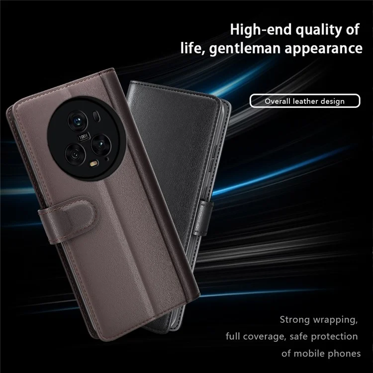 For Honor Magic5 Pro Genuine Cow Leather Phone Wallet Case Flip Stand Shockproof Cover - Brown