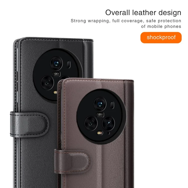For Honor Magic5 Pro Genuine Cow Leather Phone Wallet Case Flip Stand Shockproof Cover - Brown