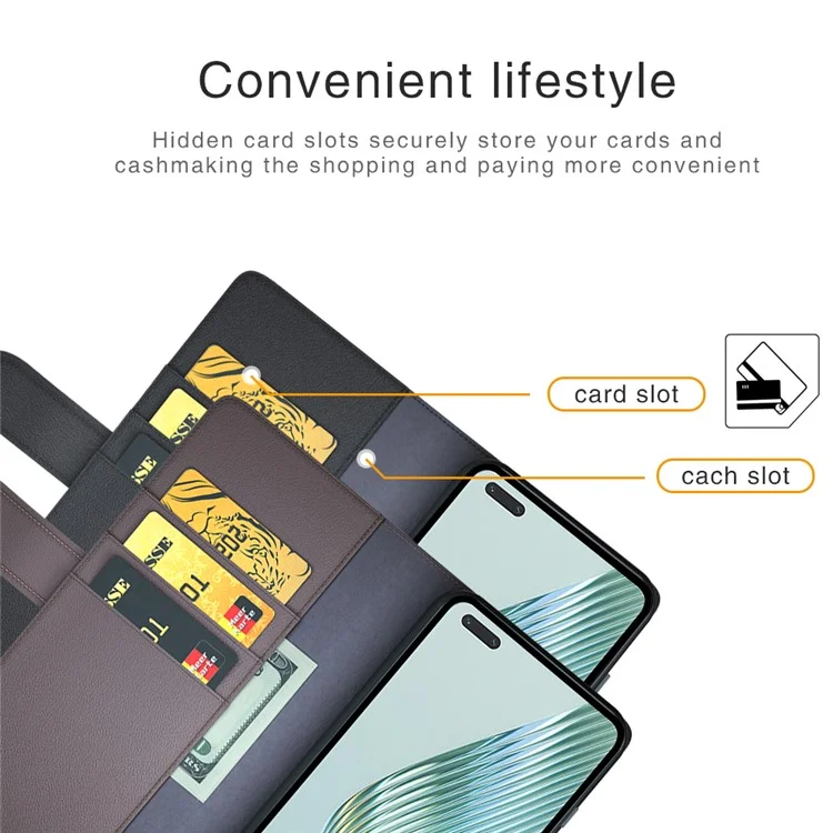 For Honor Magic5 Pro Genuine Cow Leather Phone Wallet Case Flip Stand Shockproof Cover - Brown