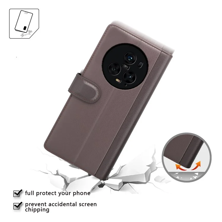 For Honor Magic5 Pro Genuine Cow Leather Phone Wallet Case Flip Stand Shockproof Cover - Brown