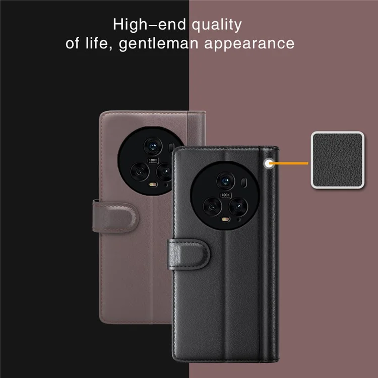 For Honor Magic5 Pro Genuine Cow Leather Phone Wallet Case Flip Stand Shockproof Cover - Brown