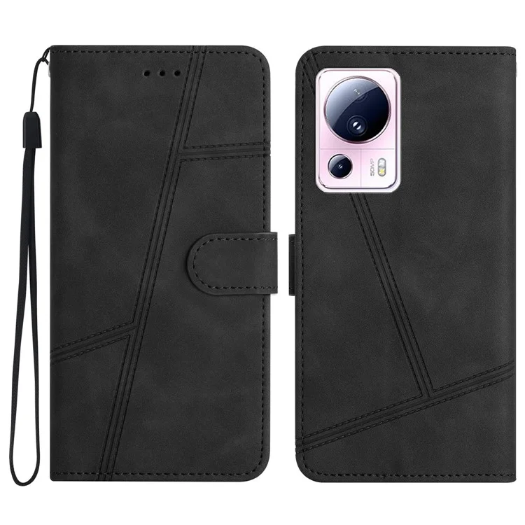 Para Xiaomi 13 Lite / Civi 2 5G Funda tipo billetera de piel sintética con líneas grabadas y soporte - Negro