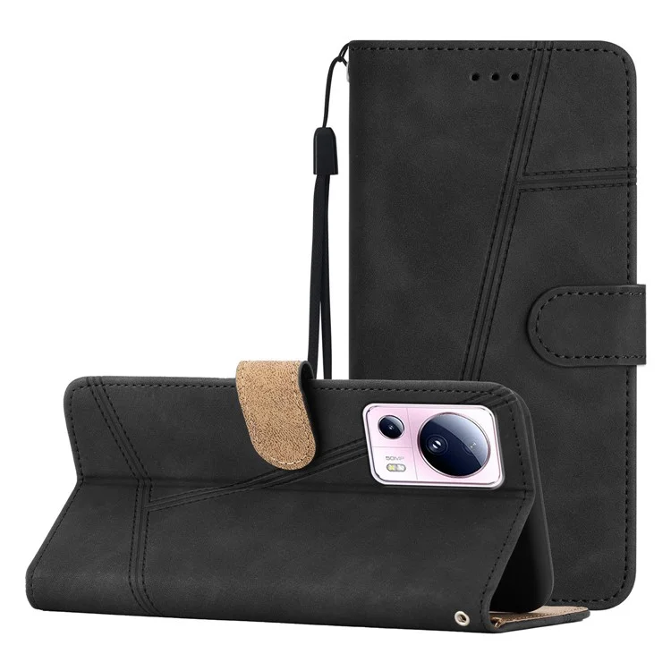 Para Xiaomi 13 Lite / Civi 2 5G Funda tipo billetera de piel sintética con líneas grabadas y soporte - Negro