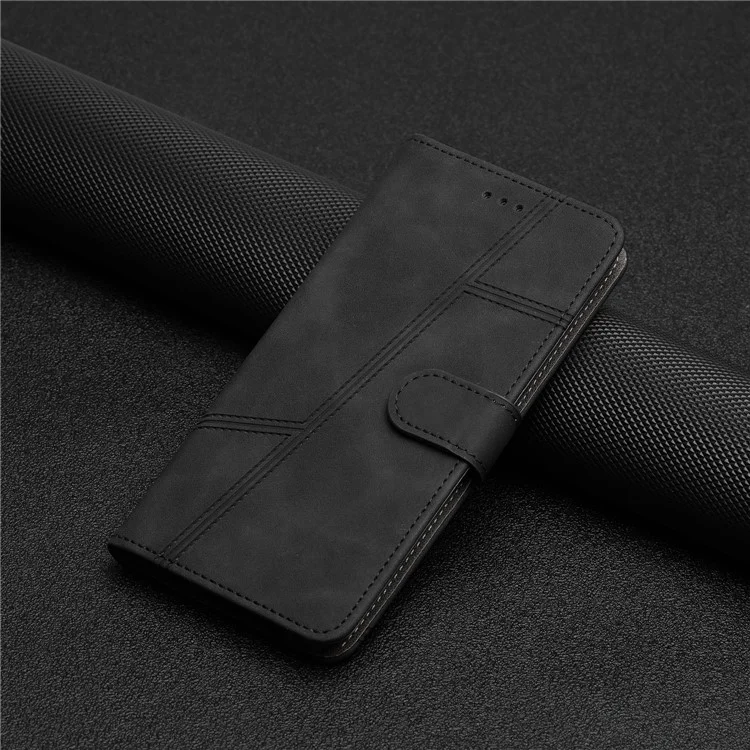 Para Xiaomi 13 Lite / Civi 2 5G Funda tipo billetera de piel sintética con líneas grabadas y soporte - Negro