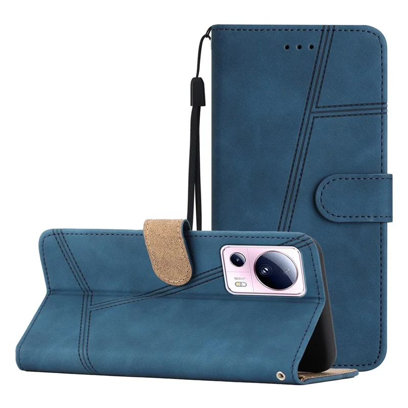 For Xiaomi 13 Lite / Civi 2 5G Skin-touch Imprinted Line Cover PU Leather Phone Shell with Wallet Stand - Blue