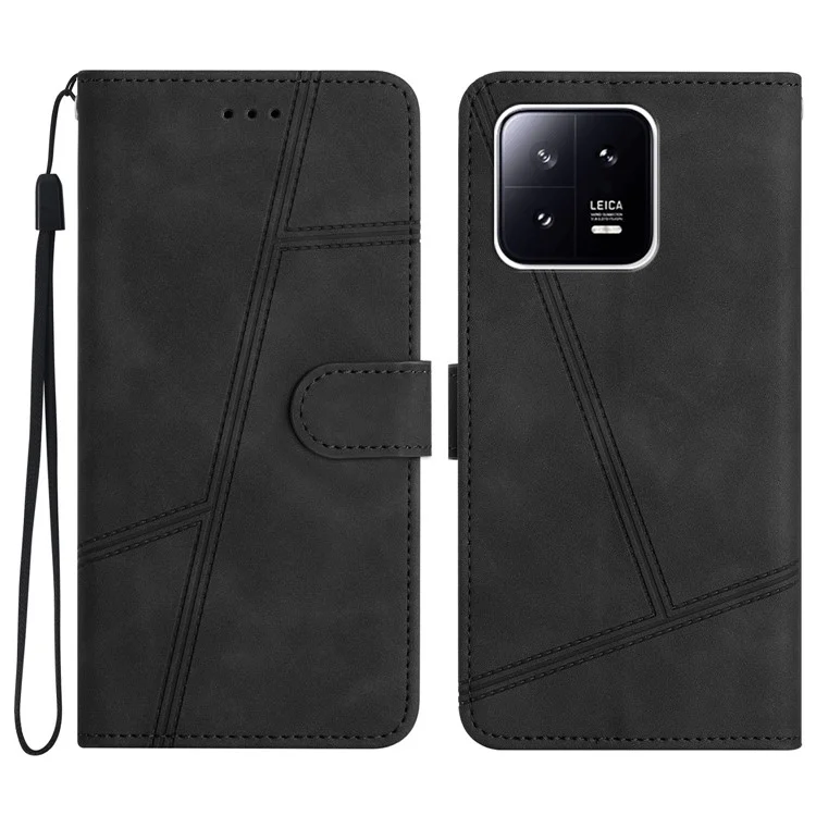 Для Xiaomi 13 5G Anti-drop Imprinted Line Cover PU Leather Skin-touch Phone Shell with Wallet Stand - Black