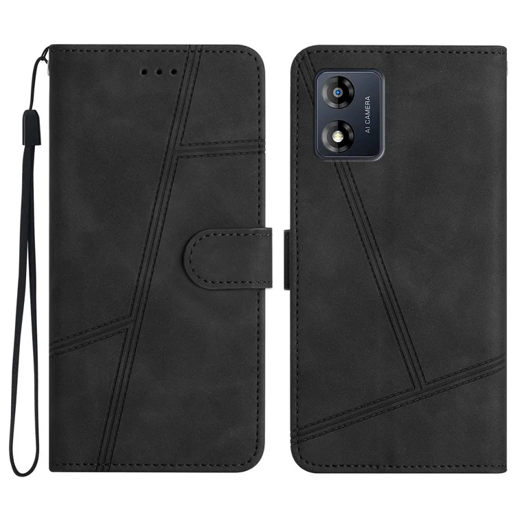 Phone Shell for Motorola Moto E13 4G Skin-touch PU Leather Imprinted Line Cover with Wallet Stand - Black