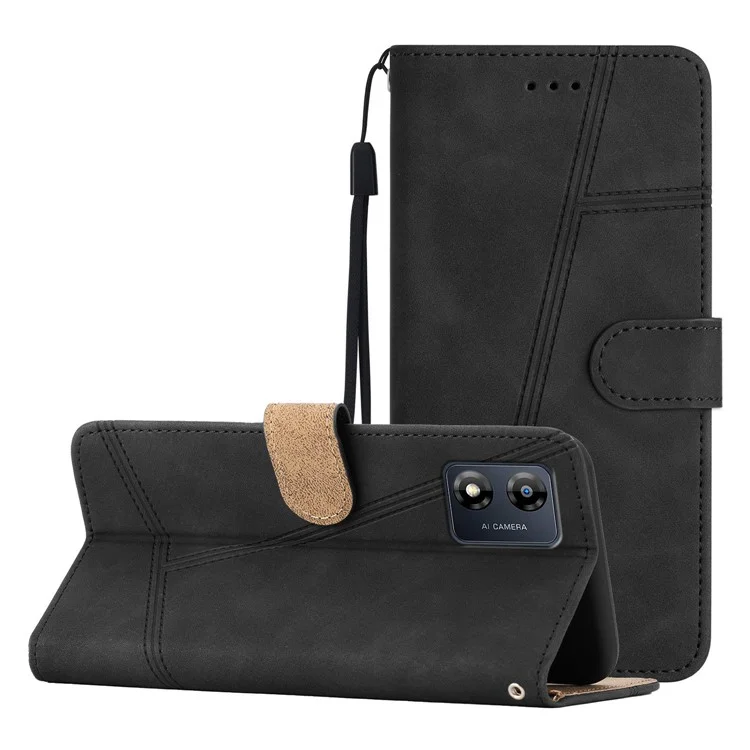 Phone Shell for Motorola Moto E13 4G Skin-touch PU Leather Imprinted Line Cover with Wallet Stand - Black