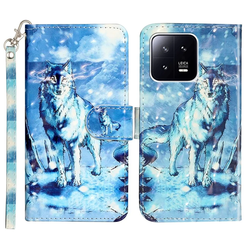 For Xiaomi 13 5G Shockproof Phone Case 3D Pattern Printing PU Leather Wallet Flip Stand Cover with Strap - Snow Wolf