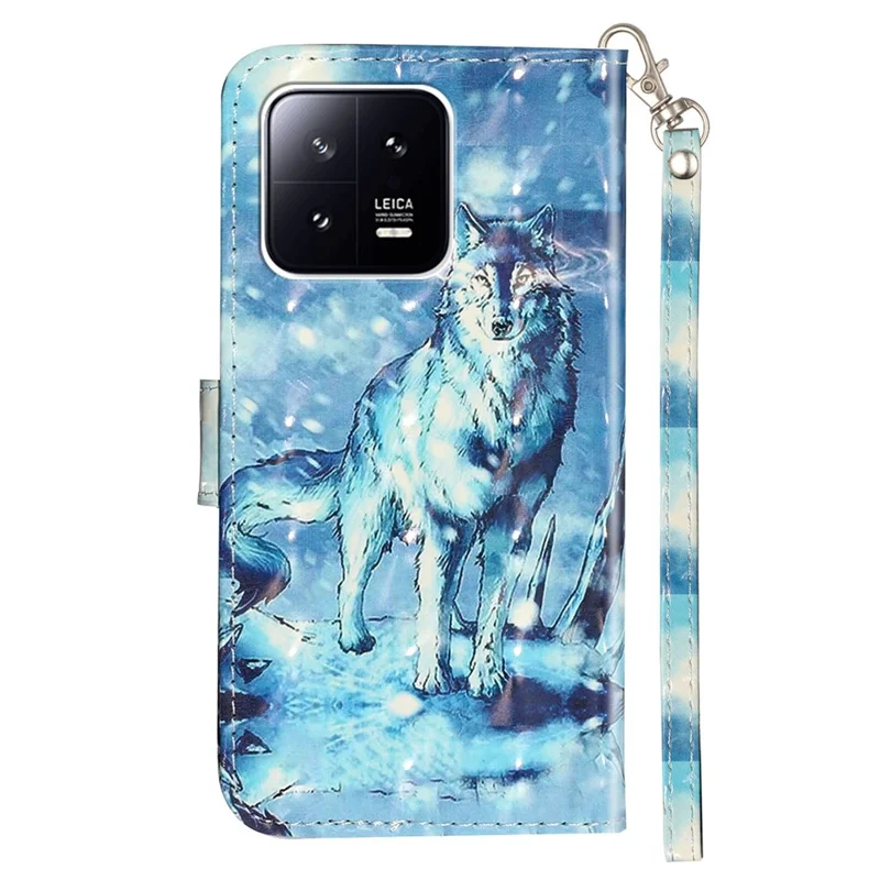 For Xiaomi 13 5G Shockproof Phone Case 3D Pattern Printing PU Leather Wallet Flip Stand Cover with Strap - Snow Wolf
