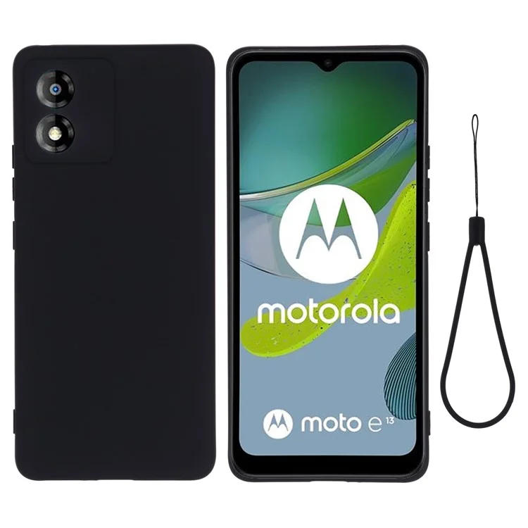 Para Motorola Moto E13 4G Anti-Dust Phone Case Liquid Silicone Soft Lining Phone Cover Shell with Strap - Black