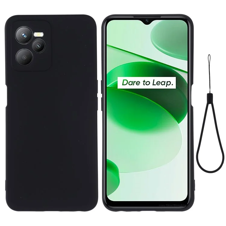 For Realme C35 4G / Narzo 50A Prime Drop Protection Phone Cover Liquid Silicone Soft Lining Phone Case with Strap - Black