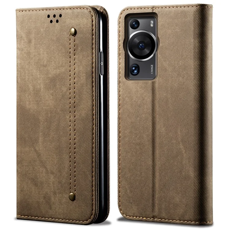For Huawei P60 Pro / P60 Cell Phone Case PU Leather Jeans Cloth Texture Wallet Stand Phone Cover - Khaki