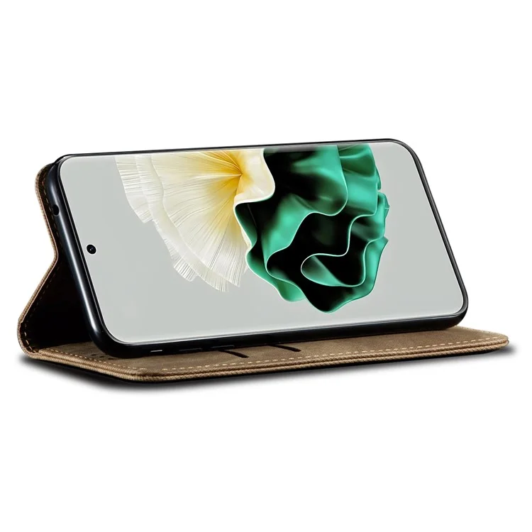 For Huawei P60 Pro / P60 Cell Phone Case PU Leather Jeans Cloth Texture Wallet Stand Phone Cover - Khaki
