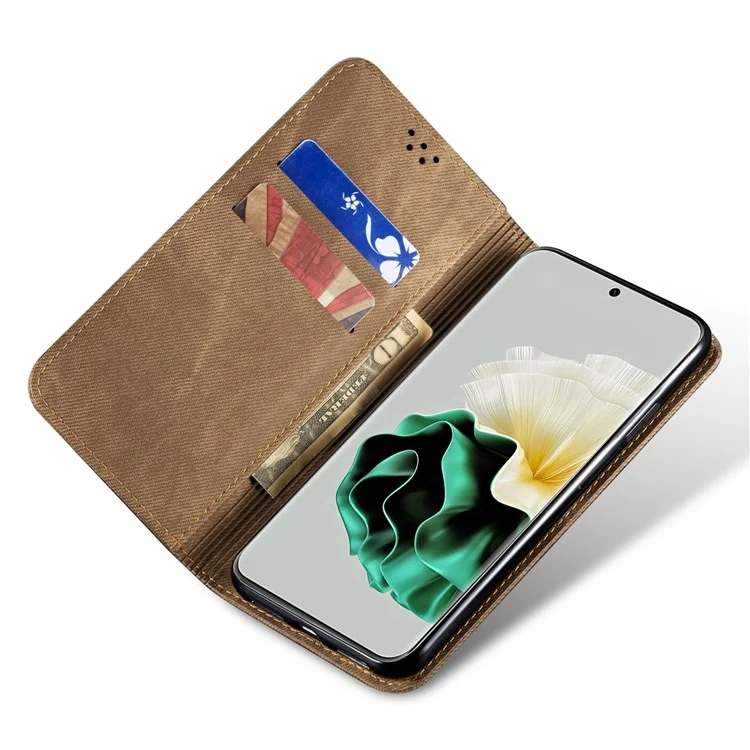 For Huawei P60 Pro / P60 Cell Phone Case PU Leather Jeans Cloth Texture Wallet Stand Phone Cover - Khaki