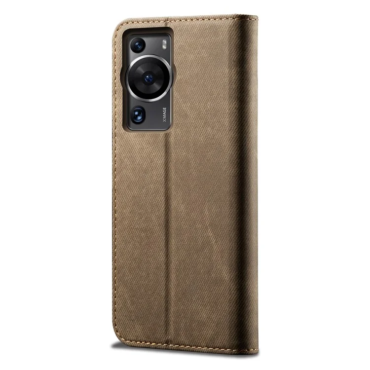 For Huawei P60 Pro / P60 Cell Phone Case PU Leather Jeans Cloth Texture Wallet Stand Phone Cover - Khaki