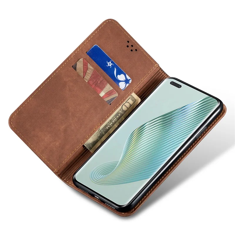 For Honor Magic5 Pro Wallet Function Jeans Cloth Texture Phone Case PU Leather Stand Phone Cover Shell - Coffee