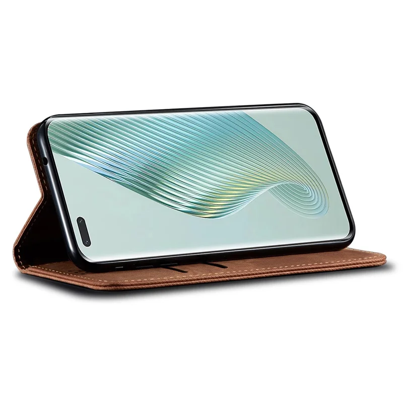 For Honor Magic5 Pro Wallet Function Jeans Cloth Texture Phone Case PU Leather Stand Phone Cover Shell - Coffee