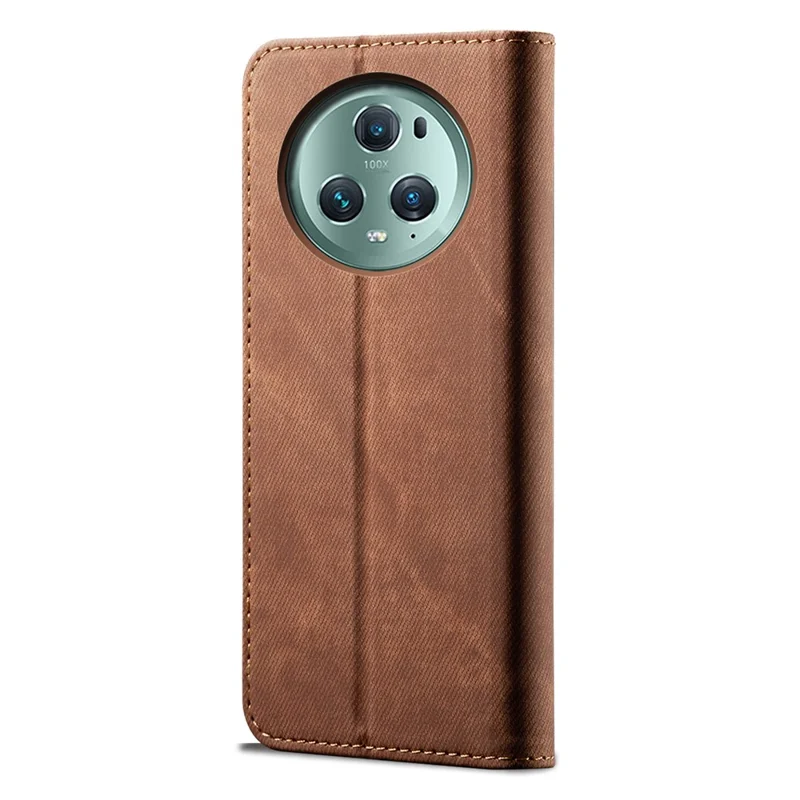For Honor Magic5 Pro Wallet Function Jeans Cloth Texture Phone Case PU Leather Stand Phone Cover Shell - Coffee