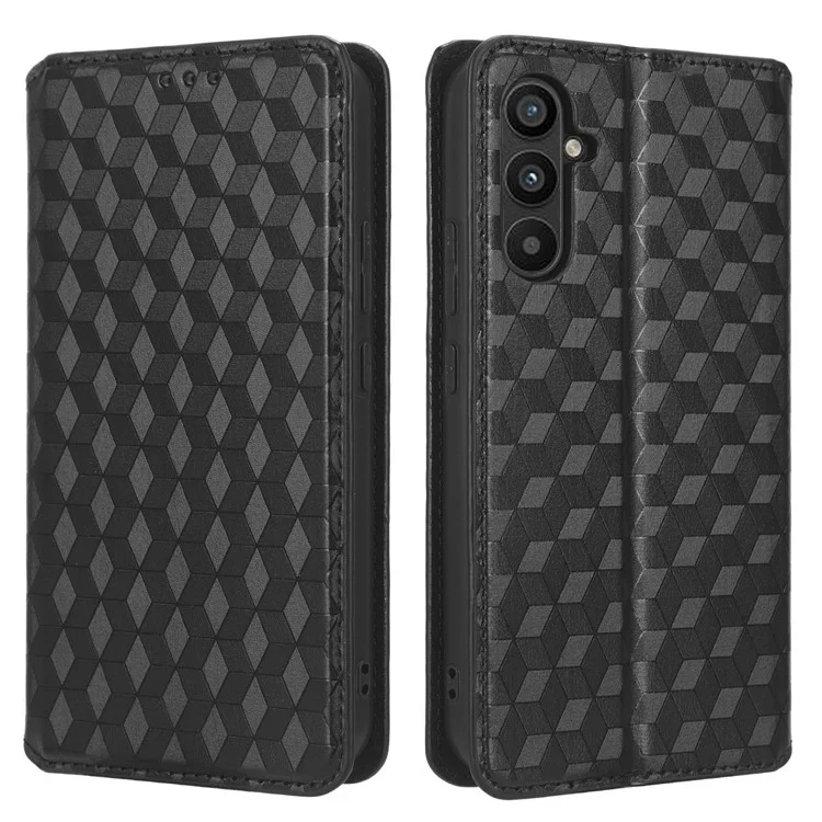 Per Samsung Galaxy M14 5G Stand Phone Cover Wallet Imprinted Rhombus Pattern PU Leather+TPU Phone Case - Nero