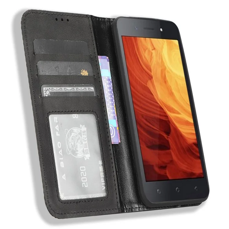 For itel A18 Wallet Phone Case Retro PU Leather TPU Phone Cover with Stand - Black