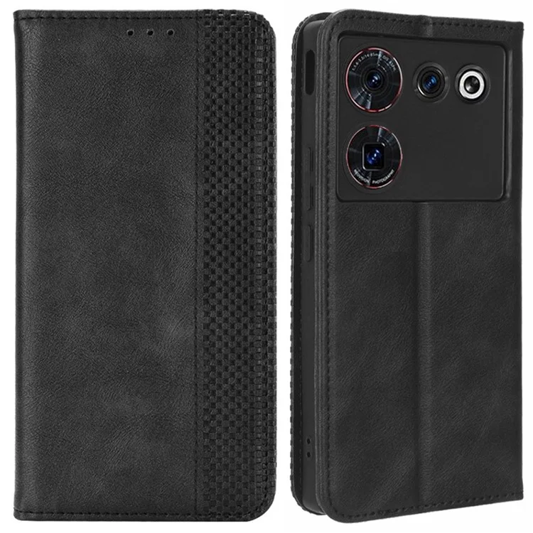 Для ZTE nubia Z50 Ultra Anti-Drop Wallet Case Retro PU Leather Folio Flip Phone Cover with Stand - Black