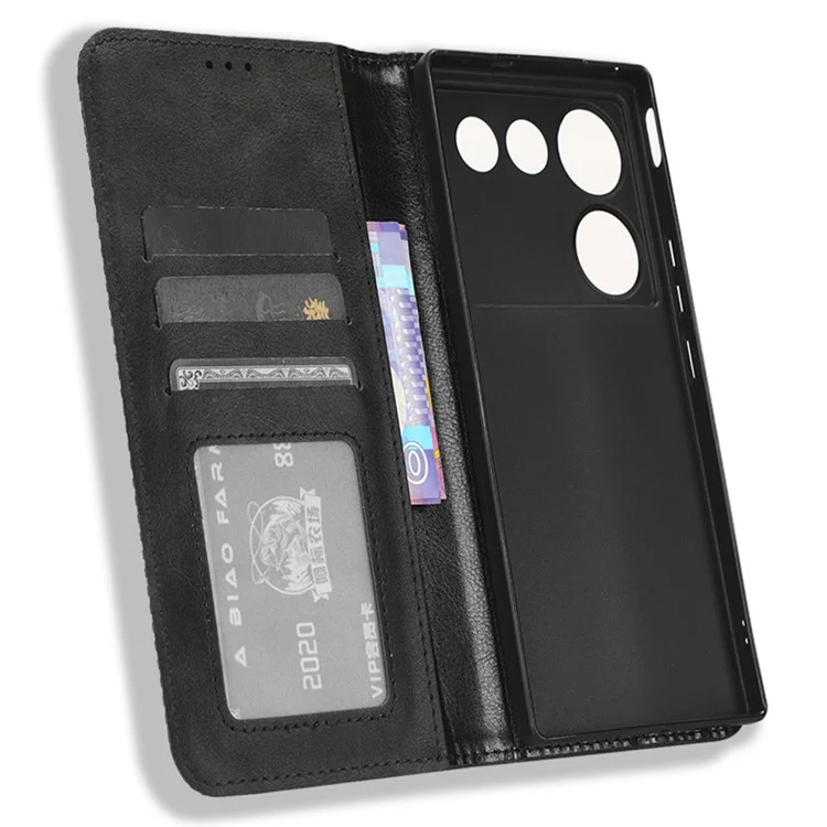 Для ZTE nubia Z50 Ultra Anti-Drop Wallet Case Retro PU Leather Folio Flip Phone Cover with Stand - Black