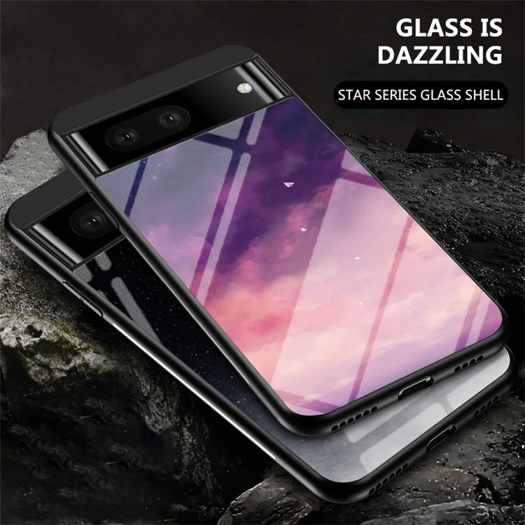 For Google Pixel 7a PC+TPU+Tempered Glass Back Cover Starry Sky Pattern Anti-drop Phone Case - Starry Crescent Moon