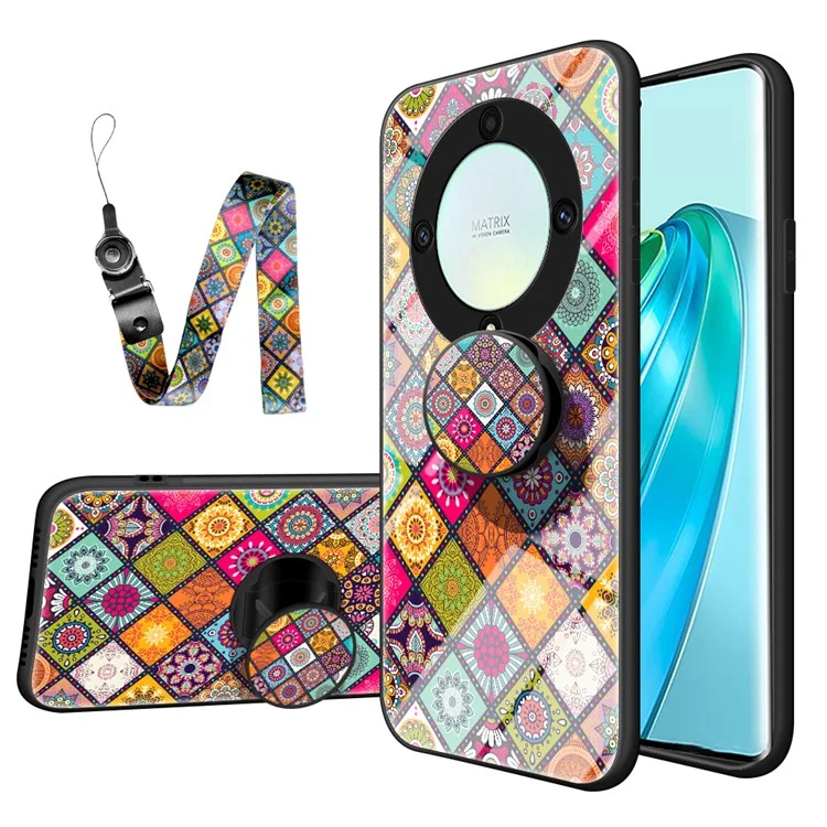 For Honor X9a 5G Flower Pattern Kickstand Phone Case PC+TPU+Tempered Glass Anti-drop Cover with Lanyard - Color Pattern