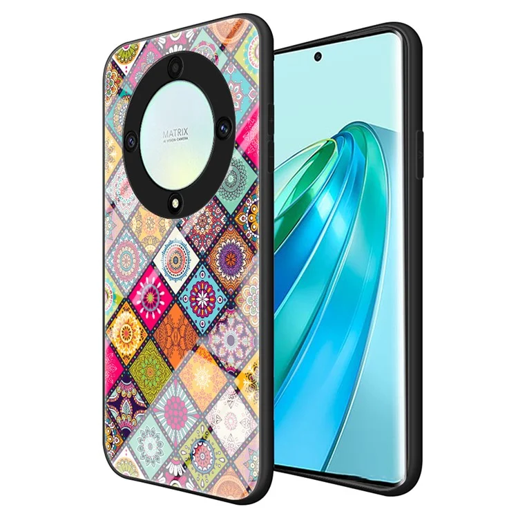 For Honor X9a 5G Flower Pattern Kickstand Phone Case PC+TPU+Tempered Glass Anti-drop Cover with Lanyard - Color Pattern